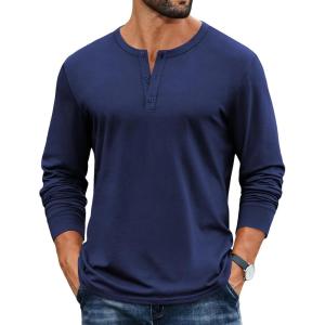 COOFANDY Mens Henley Shirts Cotton Long Sleeve V Neck Button Basic Tees Plain Casual Pullover(Navy Blue)