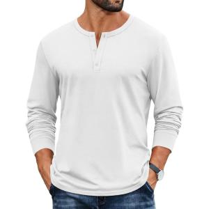 COOFANDY Mens Henley Shirts Cotton Long Sleeve V Neck Button Basic Tees Plain Casual Pullover(White)