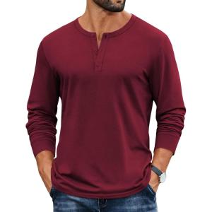 COOFANDY Mens Henley Shirts Cotton Long Sleeve V Neck Button Basic Tees Plain Casual Pullover(Wine Red)