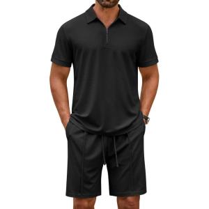 COOFANDY Men’s Polo Shirt and Shorts Set 2 Piece Outfits Fashion Summer Casual Tracksuits(Black)