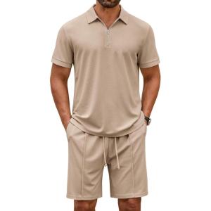 COOFANDY Men’s Polo Shirt and Shorts Set 2 Piece Outfits Fashion Summer Casual Tracksuits(Khaki)