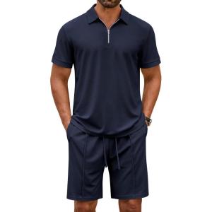 COOFANDY Men’s Polo Shirt and Shorts Set 2 Piece Outfits Fashion Summer Casual Tracksuits(Navy Blue)