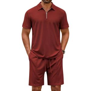 COOFANDY Men’s Polo Shirt and Shorts Set 2 Piece Outfits Fashion Summer Casual Tracksuits(Wine Red)