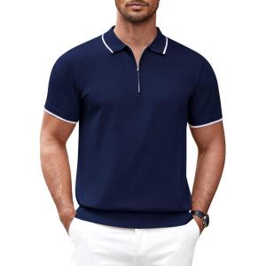 COOFANDY Men’s Zipper Polo Shirt Casual Knit Short Sleeve Polo T Shirt Classic Fit Shirts(Navy Blue)
