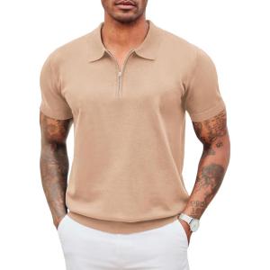 COOFANDY Men’s Zipper Polo Shirt Casual Knit Short Sleeve Polo T Shirt Classic Fit Shirts(Solid- Light Tan)