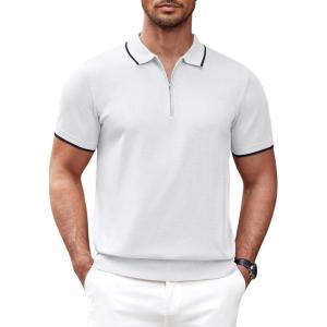 COOFANDY Men’s Zipper Polo Shirt Casual Knit Short Sleeve Polo T Shirt Classic Fit Shirts(White)