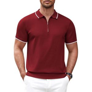 COOFANDY Men’s Zipper Polo Shirt Casual Knit Short Sleeve Polo T Shirt Classic Fit Shirts(Wine Red)