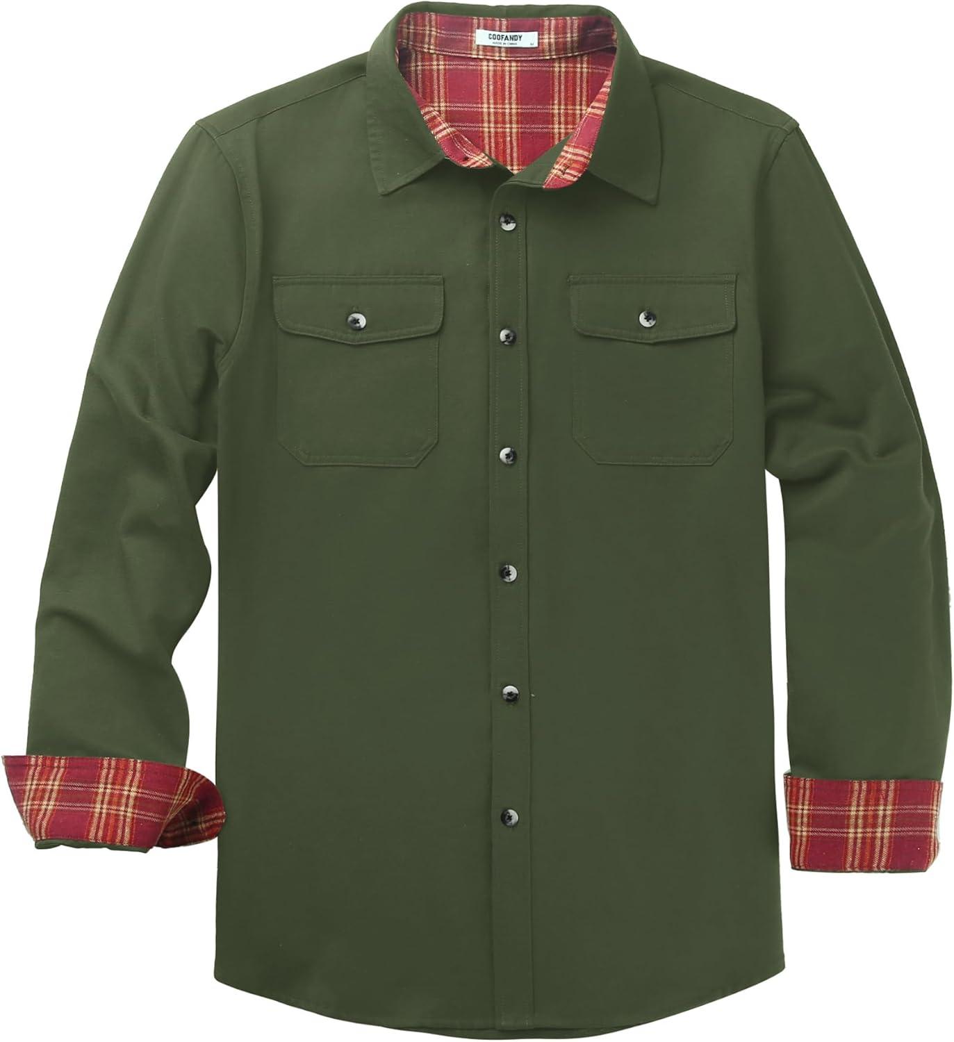 imageCOOFANDY Mens Casual Button Down Shirt Fall Long Sleeve Work Western Cowboy Shirts with PocketsPlaid CuffsSolidolive Green