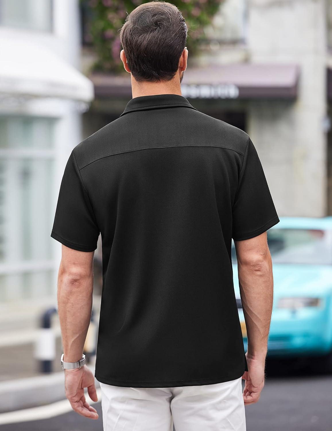 imageCOOFANDY Mens Casual Button Down Shirts Short Sleeve Regular Fit Untucked Dress Shirts Knit TexturedAblack