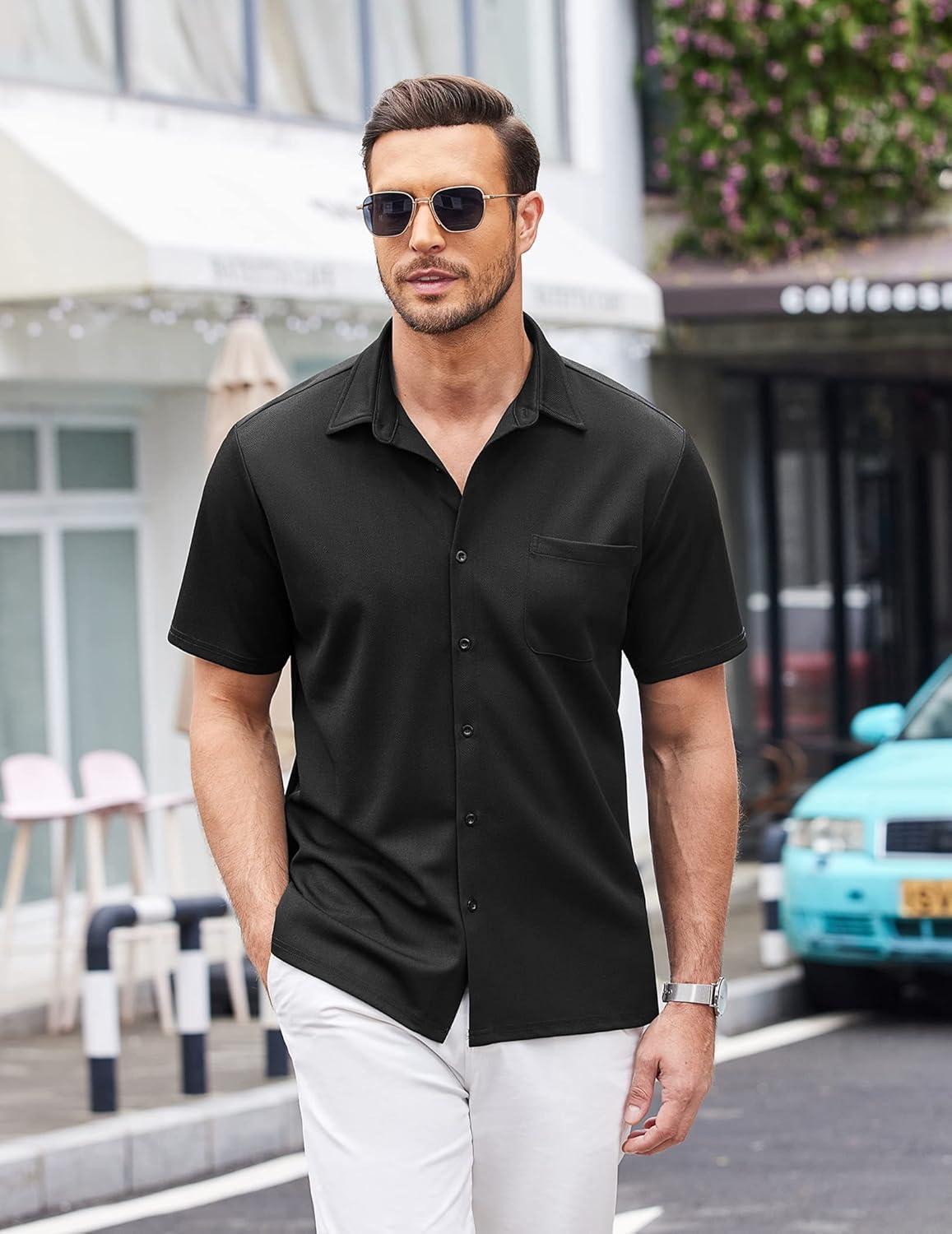 imageCOOFANDY Mens Casual Button Down Shirts Short Sleeve Regular Fit Untucked Dress Shirts Knit TexturedAblack