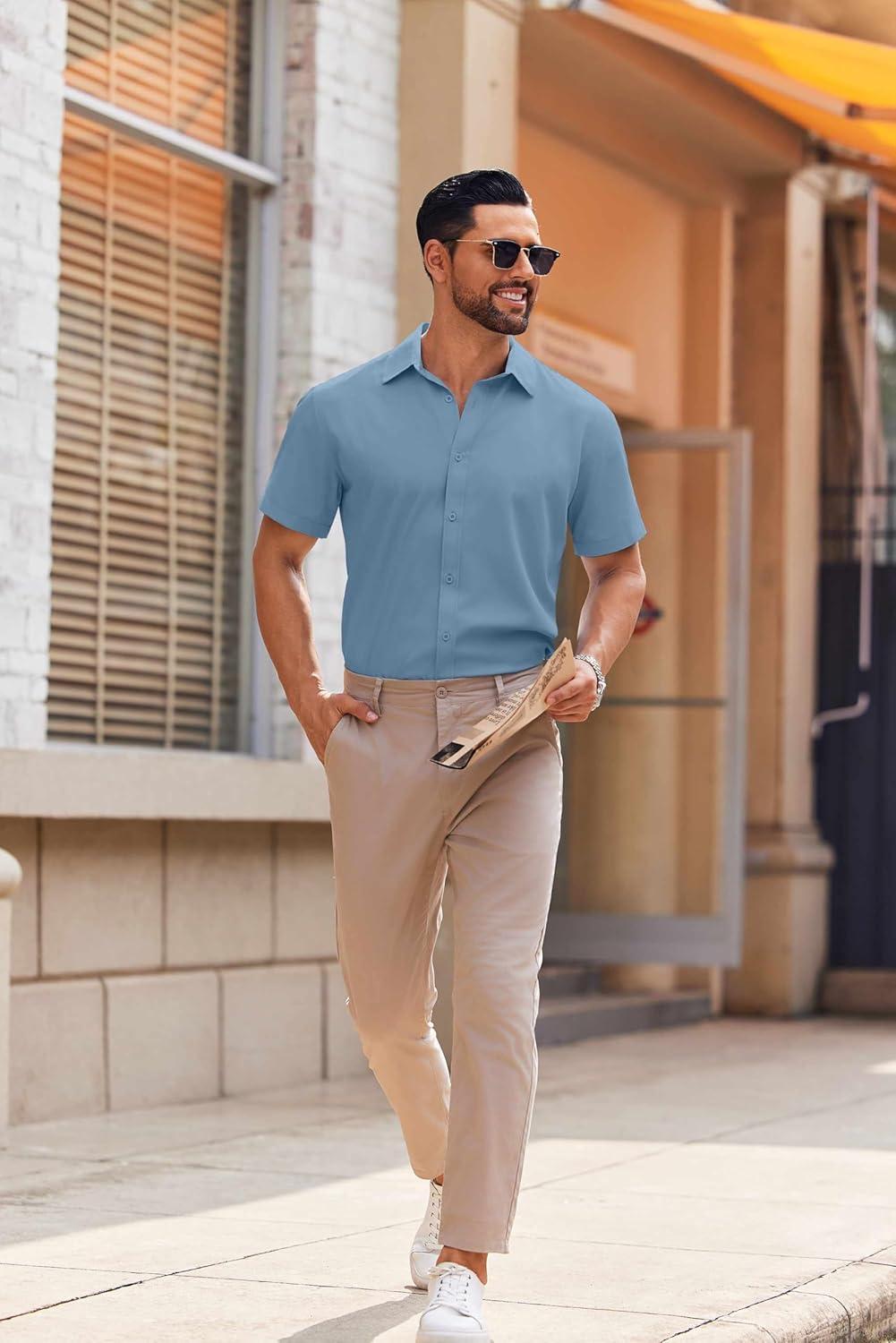 imageCOOFANDY Mens Casual Button Down Shirts Short Sleeve Summer Untucked Dress ShirtsCaptain Blue