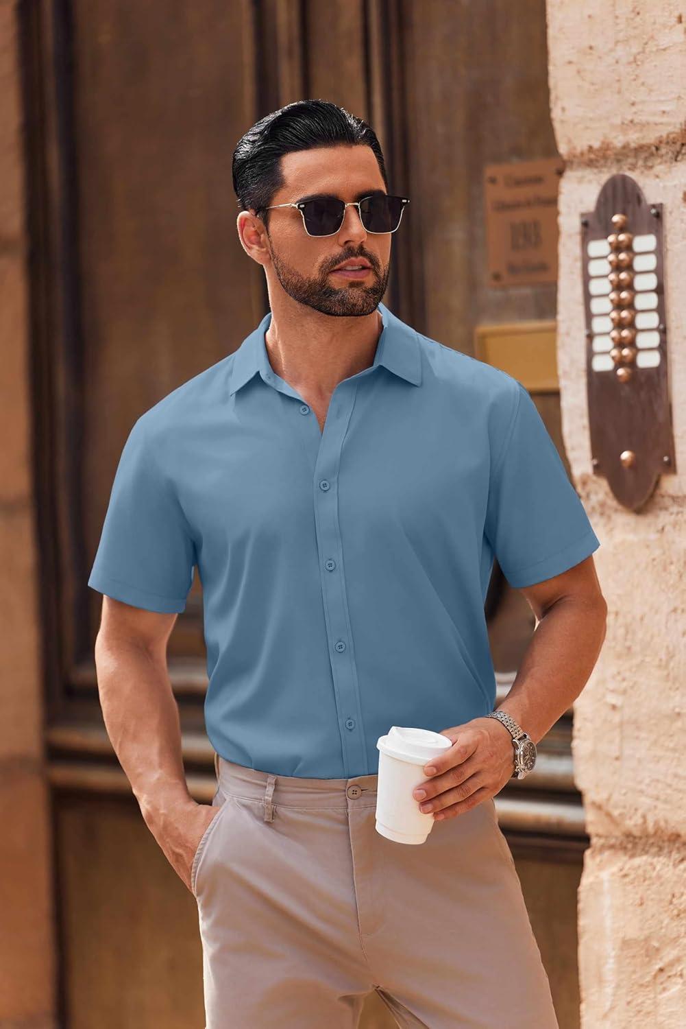imageCOOFANDY Mens Casual Button Down Shirts Short Sleeve Summer Untucked Dress ShirtsCaptain Blue