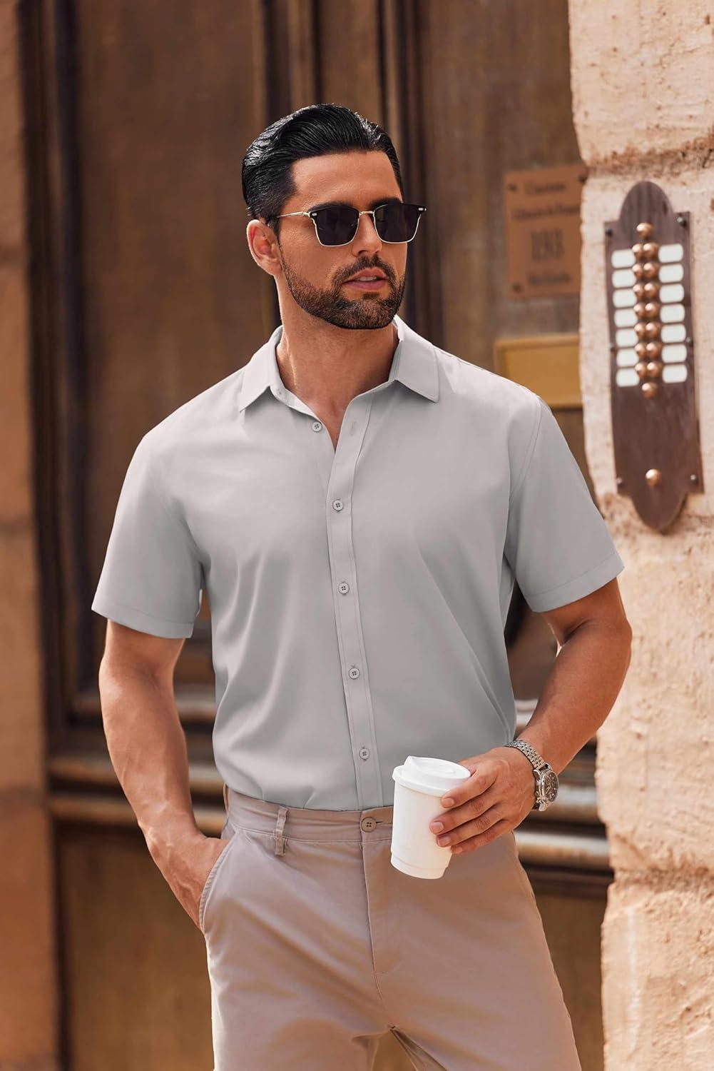 imageCOOFANDY Mens Casual Button Down Shirts Short Sleeve Summer Untucked Dress ShirtsGrey