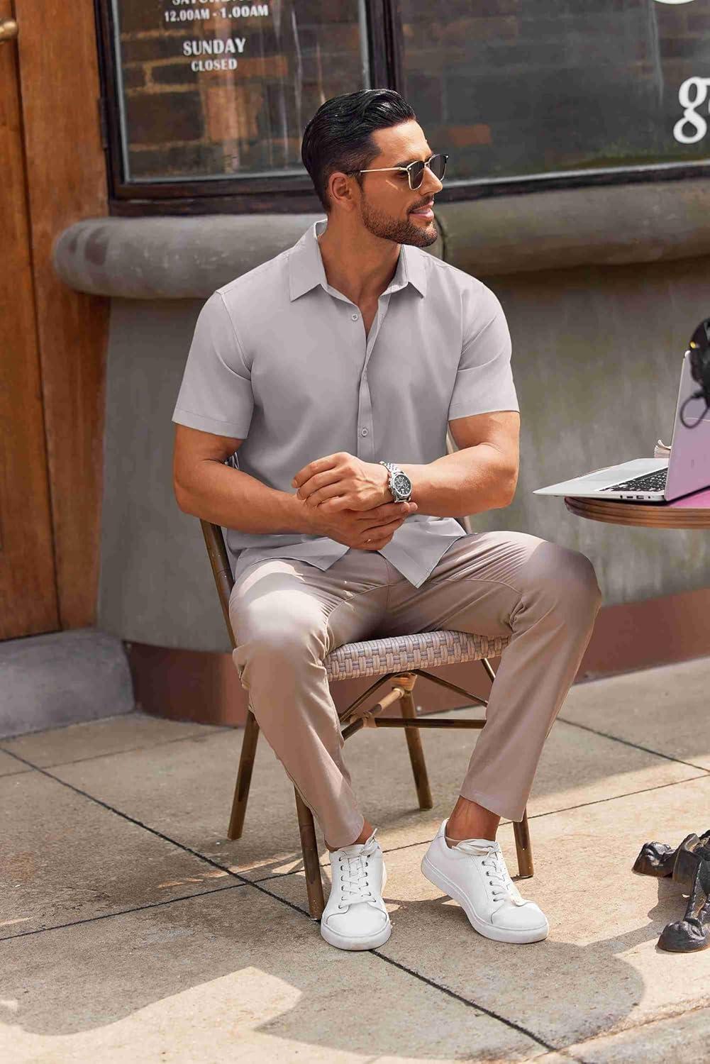 imageCOOFANDY Mens Casual Button Down Shirts Short Sleeve Summer Untucked Dress ShirtsGrey
