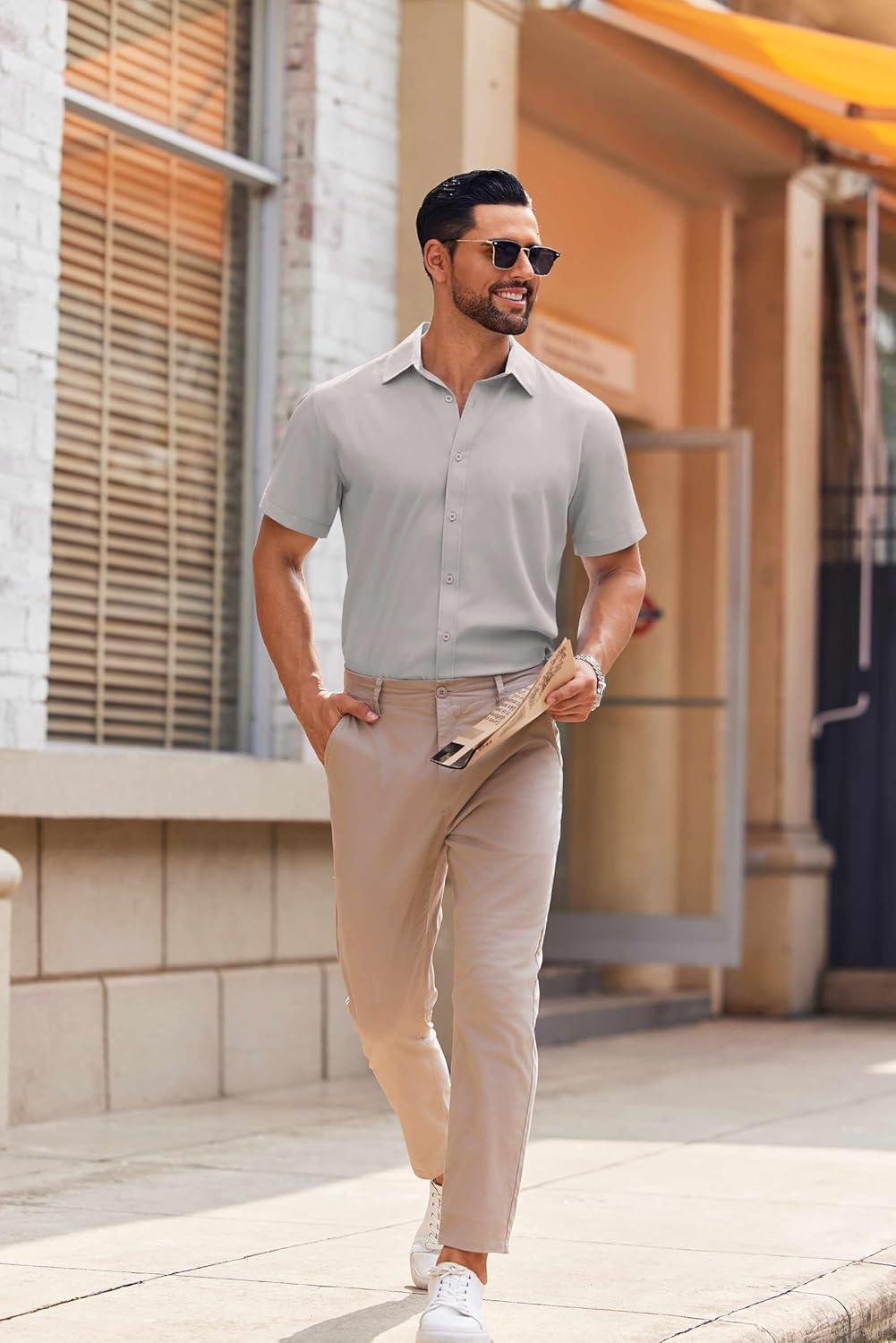 imageCOOFANDY Mens Casual Button Down Shirts Short Sleeve Summer Untucked Dress ShirtsGrey