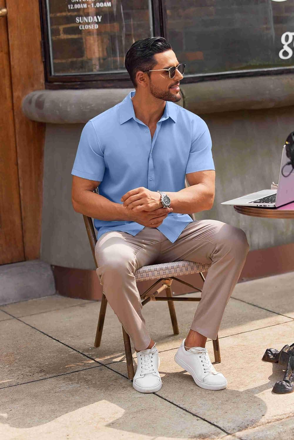 imageCOOFANDY Mens Casual Button Down Shirts Short Sleeve Summer Untucked Dress ShirtsLight Blue