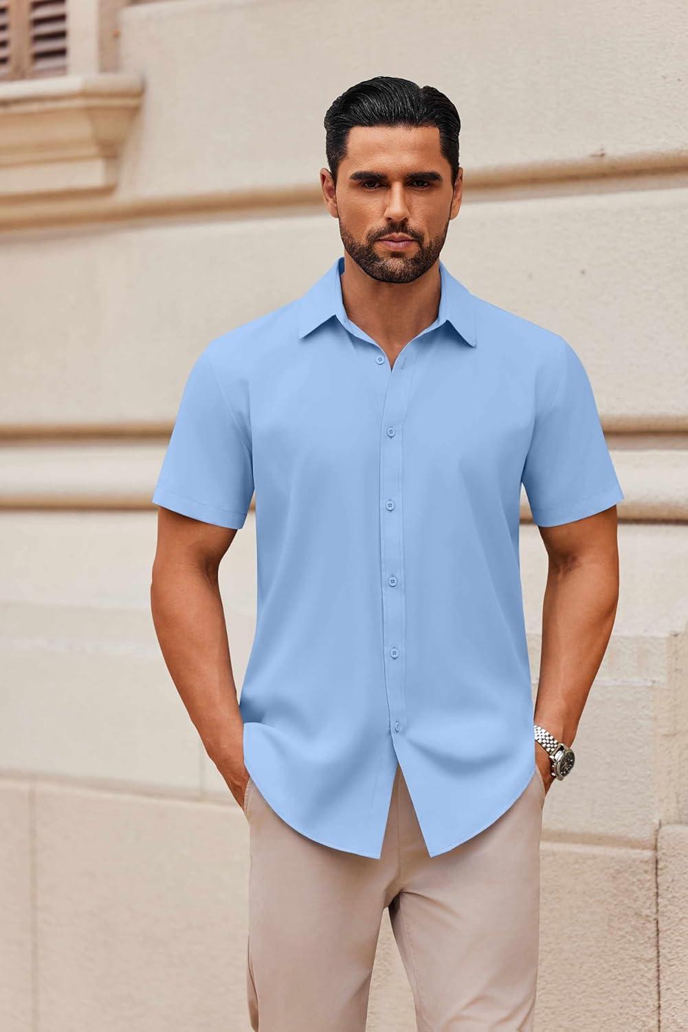 imageCOOFANDY Mens Casual Button Down Shirts Short Sleeve Summer Untucked Dress ShirtsLight Blue