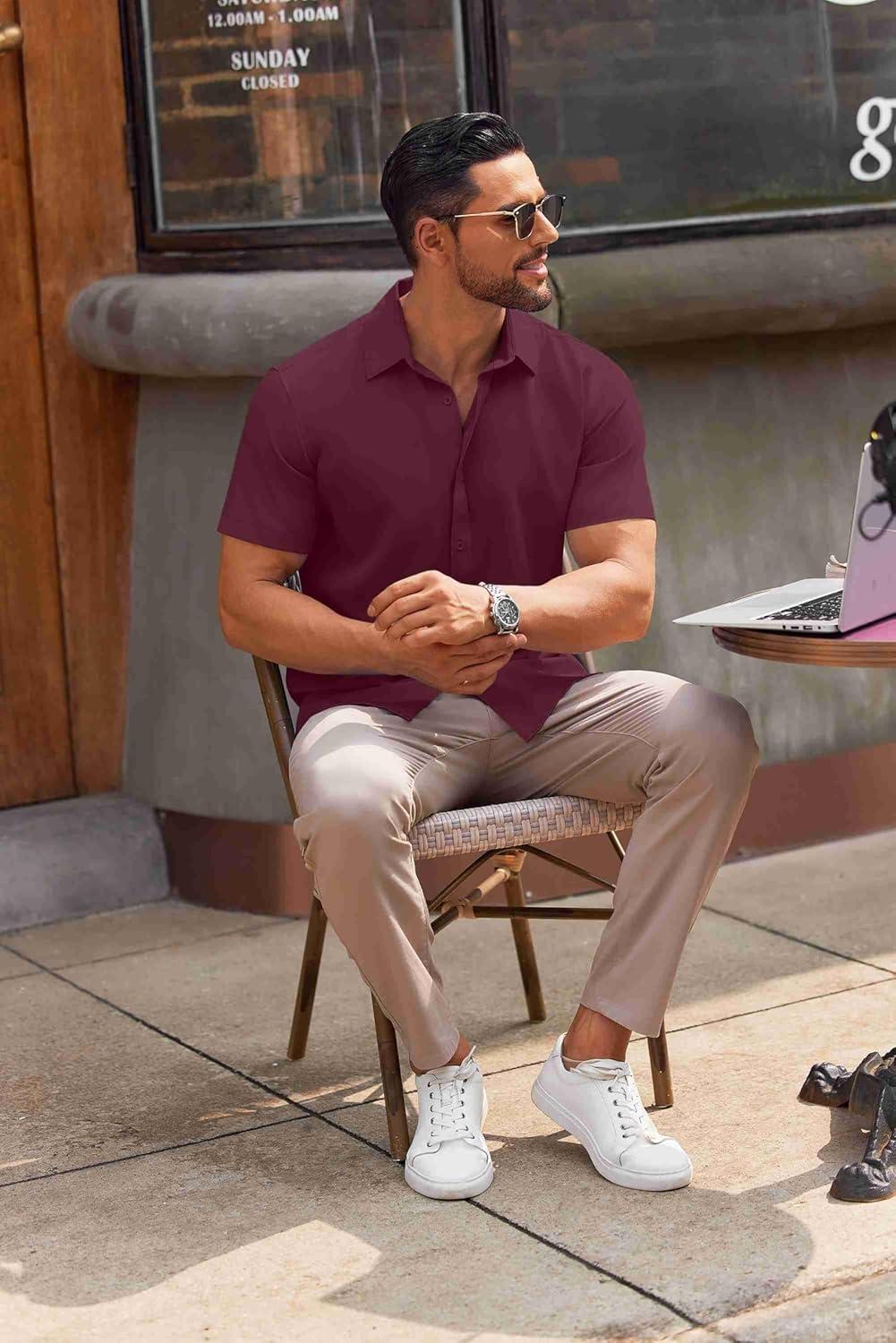 imageCOOFANDY Mens Casual Button Down Shirts Short Sleeve Summer Untucked Dress ShirtsWine Red