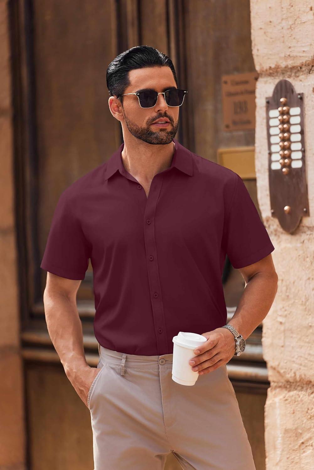 imageCOOFANDY Mens Casual Button Down Shirts Short Sleeve Summer Untucked Dress ShirtsWine Red