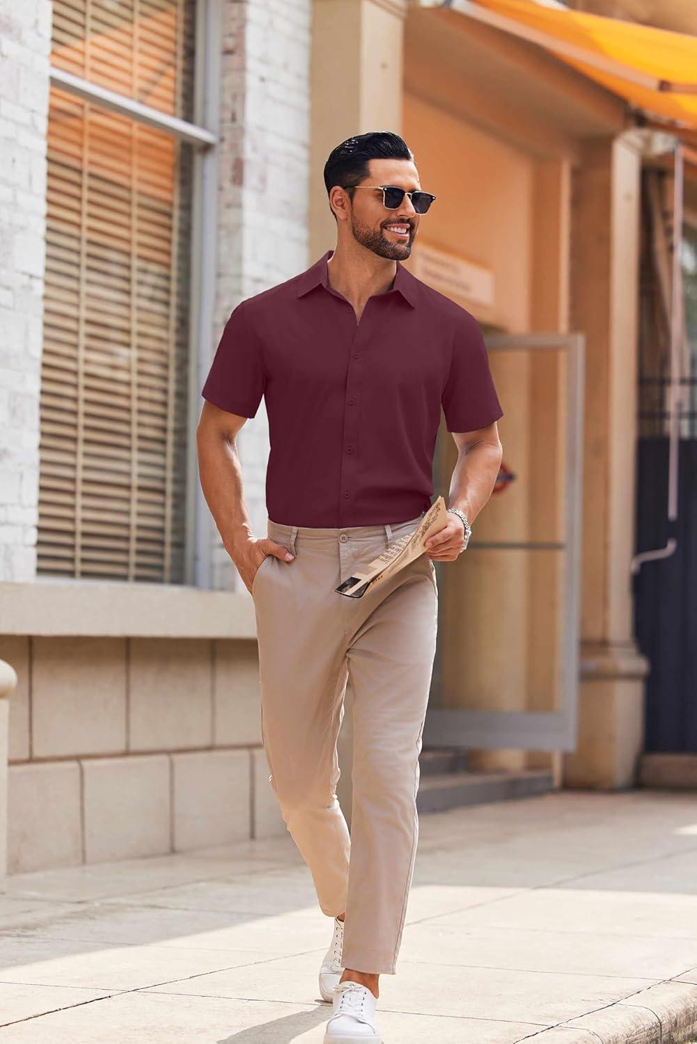 imageCOOFANDY Mens Casual Button Down Shirts Short Sleeve Summer Untucked Dress ShirtsWine Red
