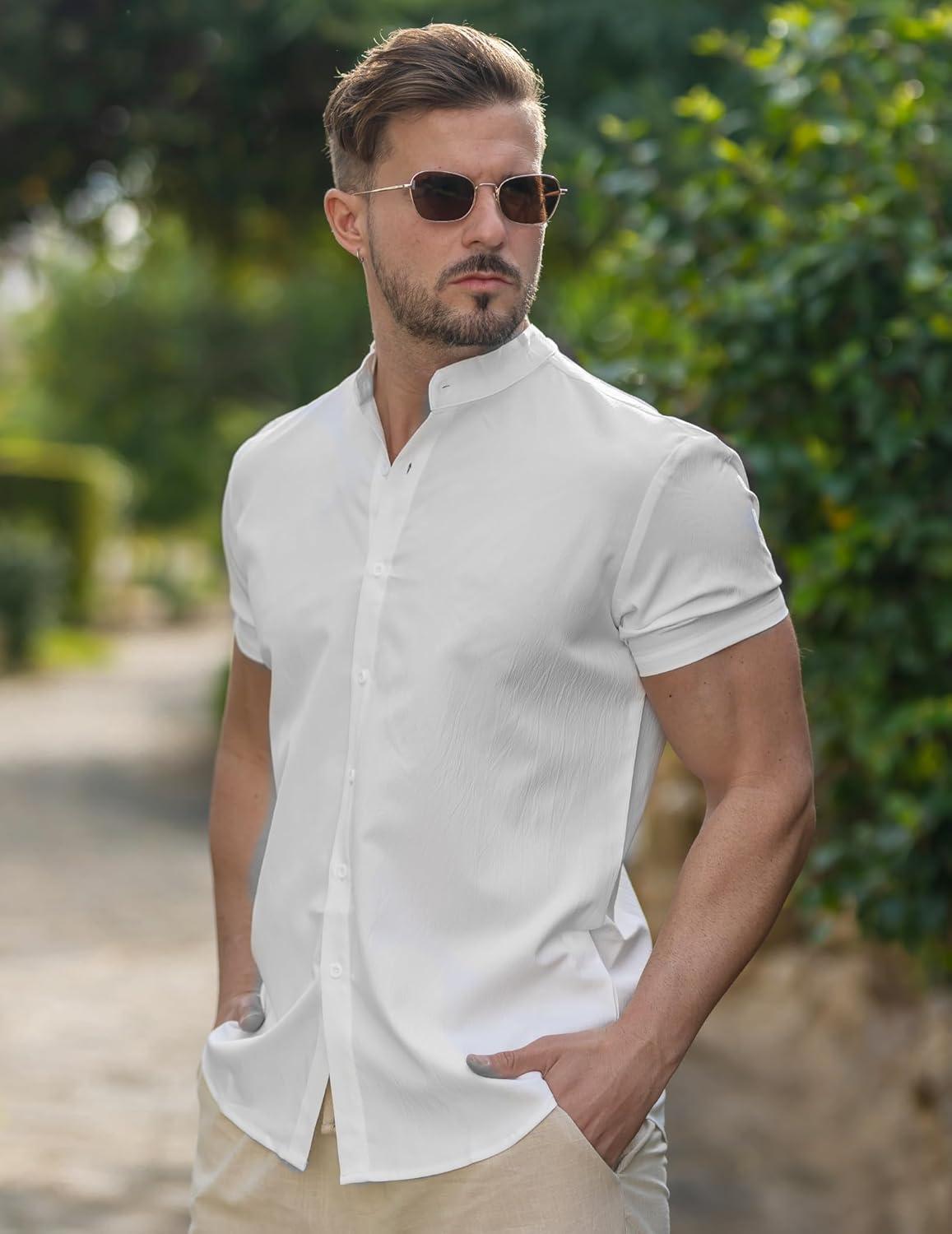 imageCOOFANDY Mens Casual Button Down Short Sleeve Shirt Band Collar Shirts Textured Beach Summer ShirtWhite