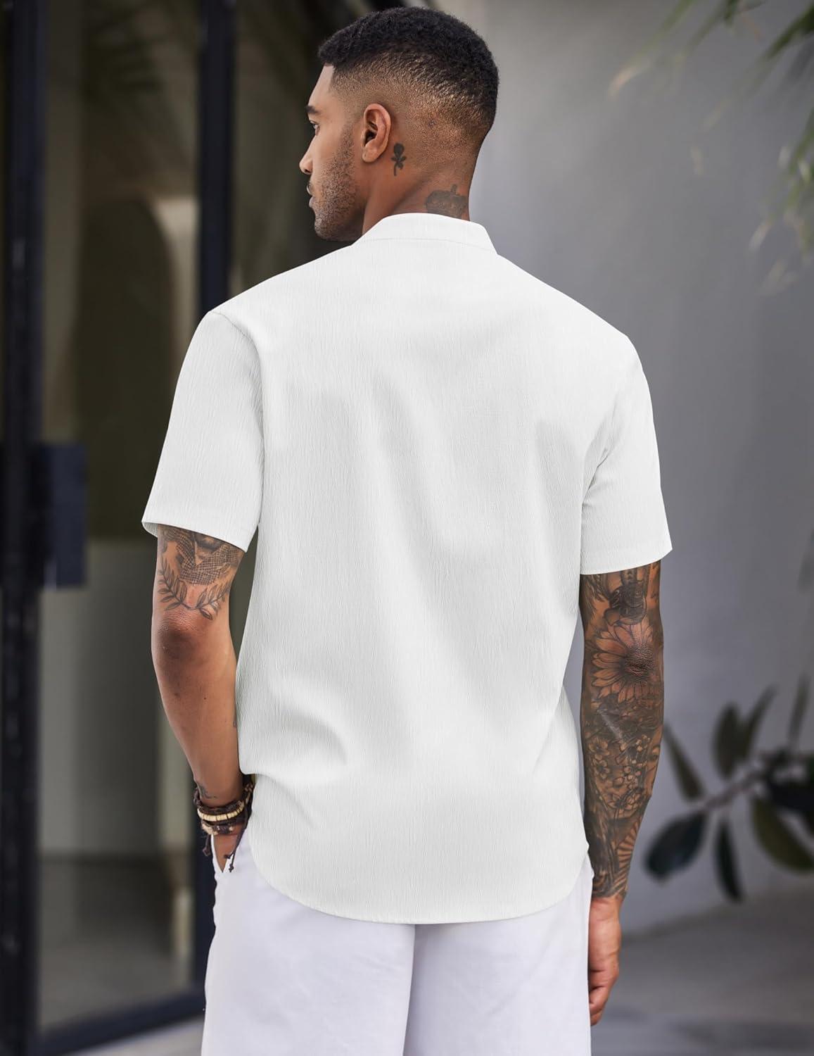 imageCOOFANDY Mens Casual Button Down Short Sleeve Shirt Band Collar Shirts Textured Beach Summer ShirtWhite