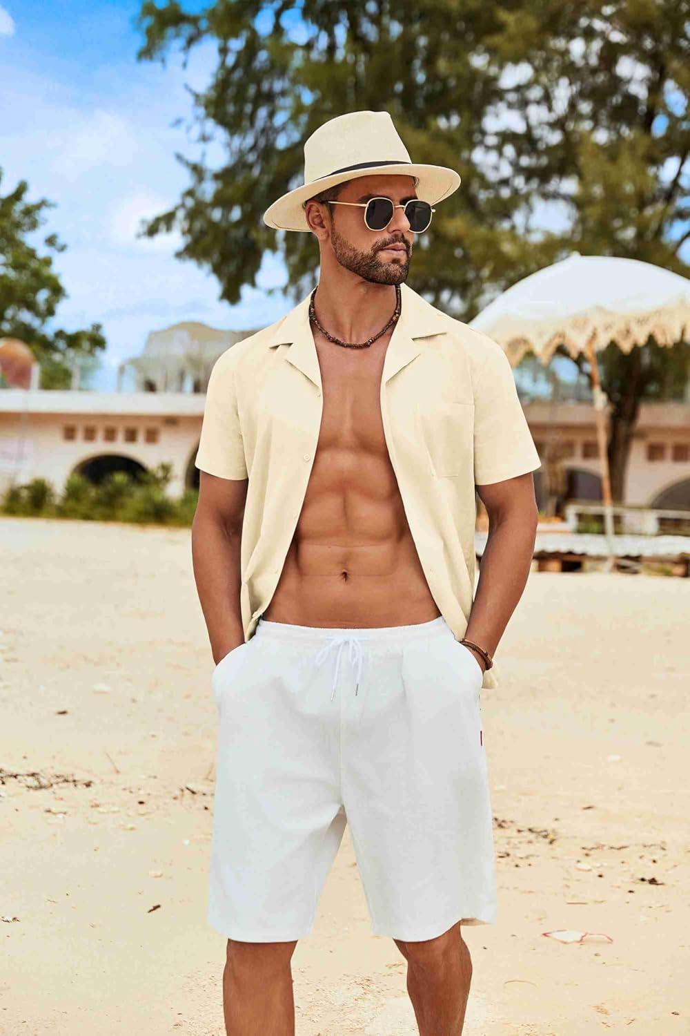 imageCOOFANDY Mens Cotton Linen Shirt Casual Button Down Short Sleeve Shirts Summer Cuban Vacation Beach Shirts with PocketCloud Cream