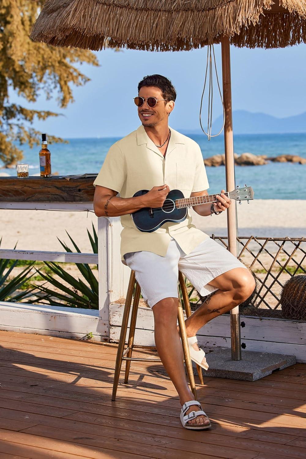 imageCOOFANDY Mens Cotton Linen Shirt Casual Button Down Short Sleeve Shirts Summer Cuban Vacation Beach Shirts with PocketCloud Cream