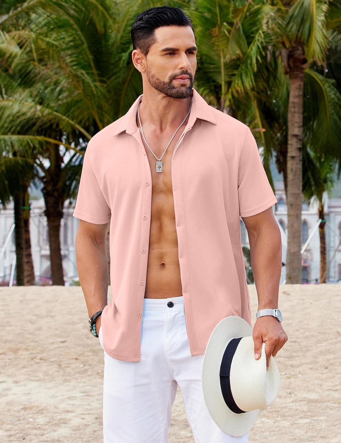 imageCOOFANDY Mens Dress Shirts Button Down Short Sleeve Shirt Summer Shirts Casual Wrinkle Free Muscle Fit ShirtsPink