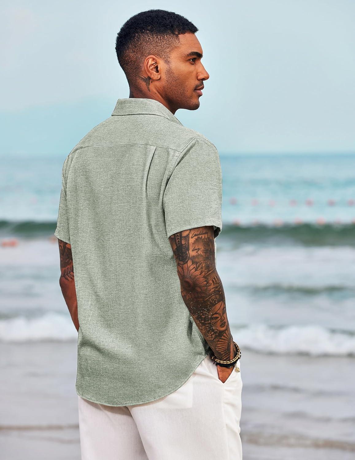 imageCOOFANDY Mens Linen Short Sleeve Button Down Shirts Casual Summer Beach Vacation ShirtsTextured Fall Green