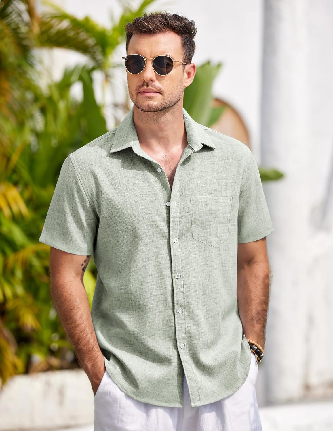 imageCOOFANDY Mens Linen Short Sleeve Button Down Shirts Casual Summer Beach Vacation ShirtsTextured Fall Green