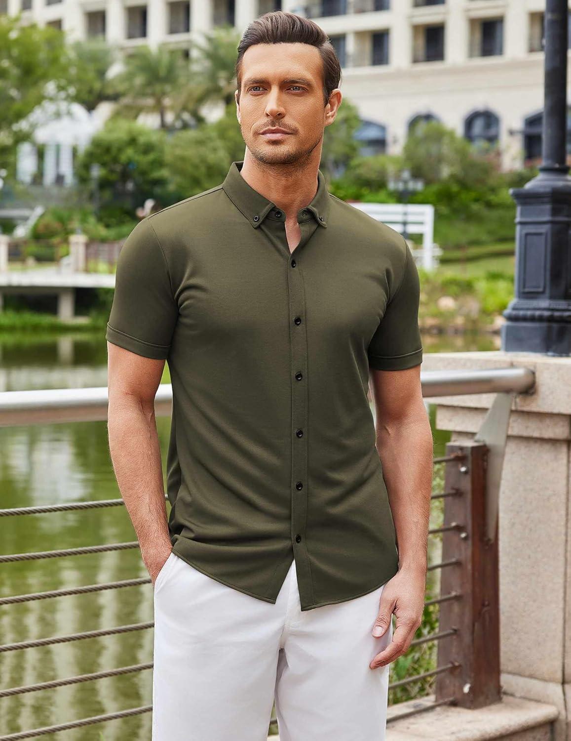 imageCOOFANDY Mens Short Sleeve Casual Button Down Shark Shirts Wrinkle Free Untucked Shirt Summer Stretch Dress ShirtsArmy Green