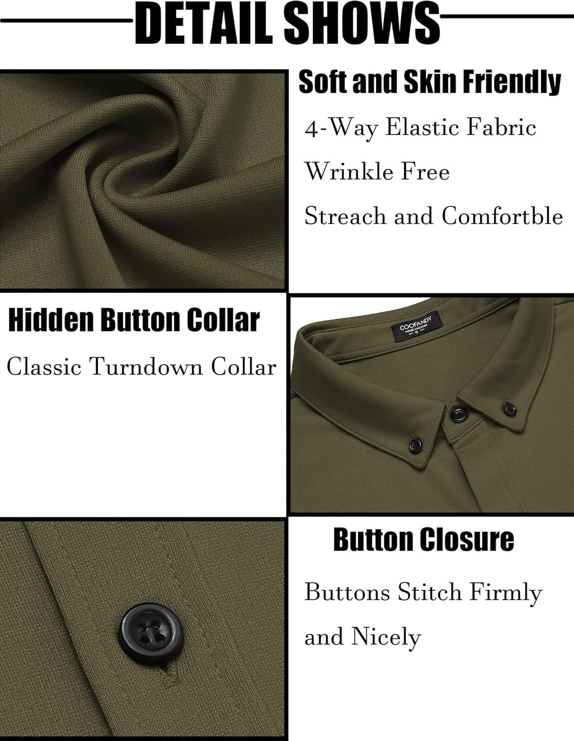 imageCOOFANDY Mens Short Sleeve Casual Button Down Shark Shirts Wrinkle Free Untucked Shirt Summer Stretch Dress ShirtsArmy Green