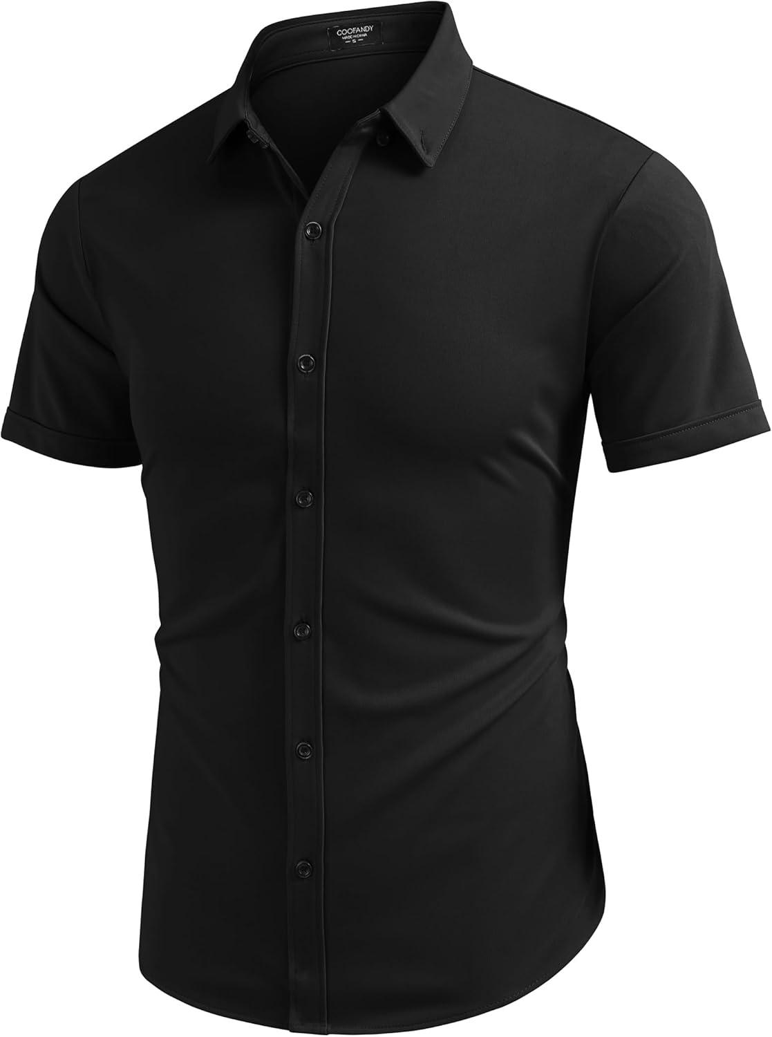 imageCOOFANDY Mens Short Sleeve Casual Button Down Shark Shirts Wrinkle Free Untucked Shirt Summer Stretch Dress ShirtsBlack