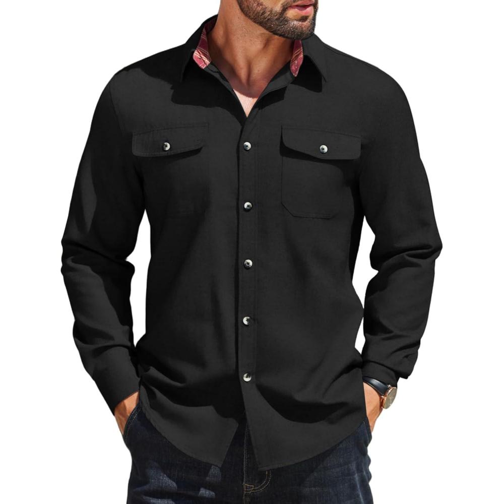 imageCOOFANDY Mens Casual Button Down Shirt Fall Long Sleeve Work Western Cowboy Shirts with PocketsPlaid CuffsSolidblack