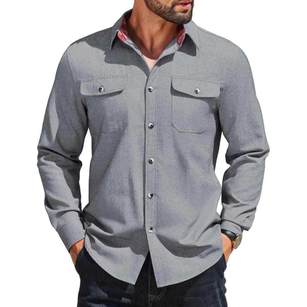 imageCOOFANDY Mens Casual Button Down Shirt Fall Long Sleeve Work Western Cowboy Shirts with PocketsPlaid CuffsSolidgrey Heather