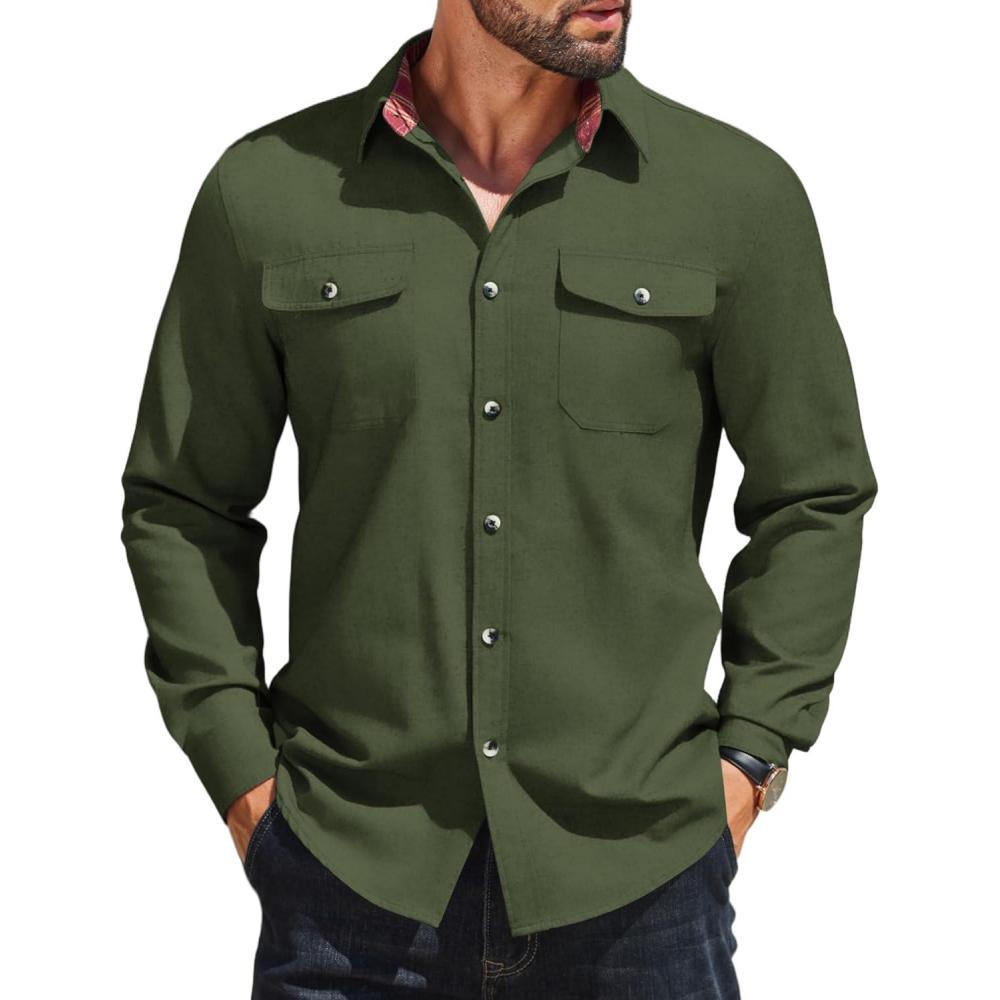 imageCOOFANDY Mens Casual Button Down Shirt Fall Long Sleeve Work Western Cowboy Shirts with PocketsPlaid CuffsSolidolive Green