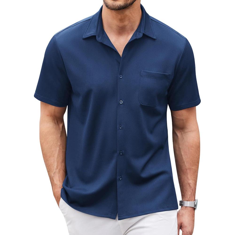 imageCOOFANDY Mens Casual Button Down Shirts Short Sleeve Regular Fit Untucked Dress Shirts Knit TexturedNavy Blue