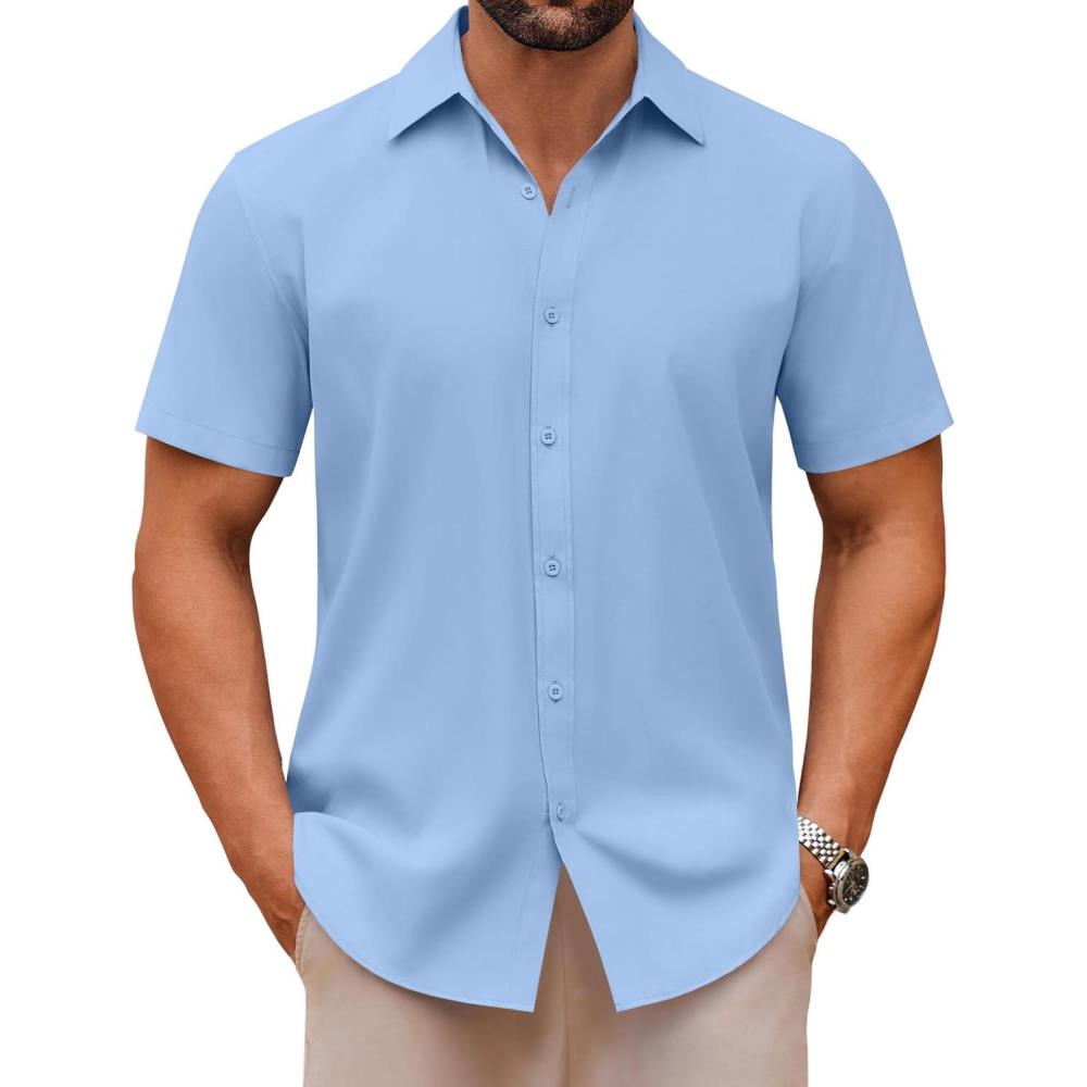 imageCOOFANDY Mens Casual Button Down Shirts Short Sleeve Summer Untucked Dress ShirtsLight Blue