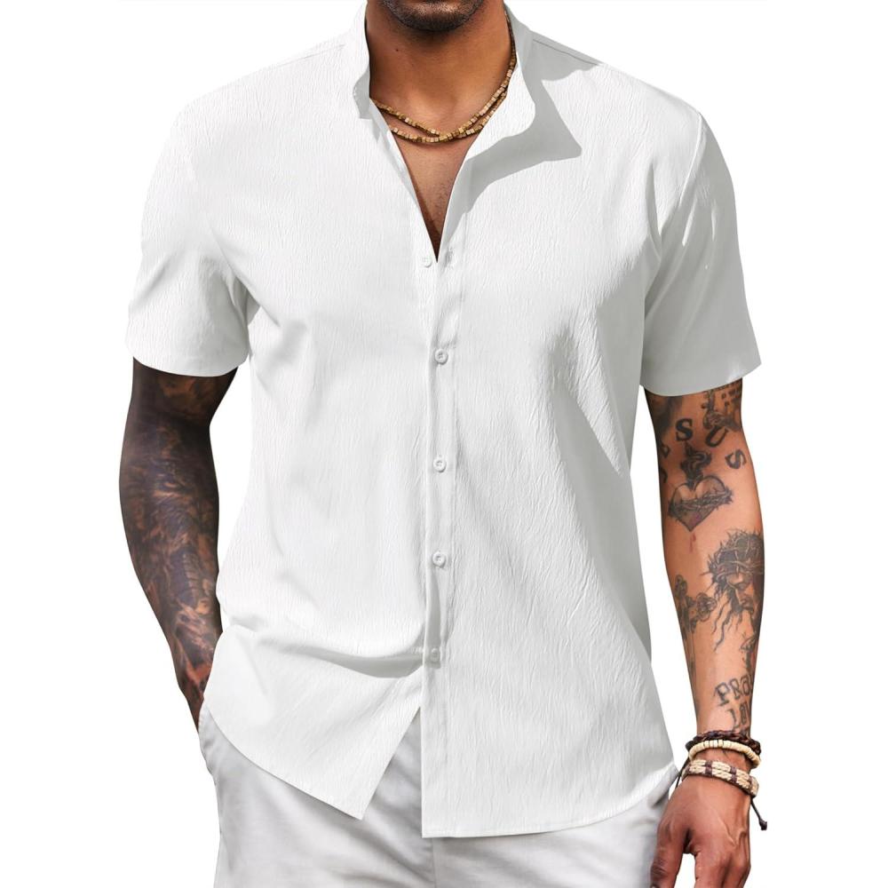 imageCOOFANDY Mens Casual Button Down Short Sleeve Shirt Band Collar Shirts Textured Beach Summer ShirtWhite
