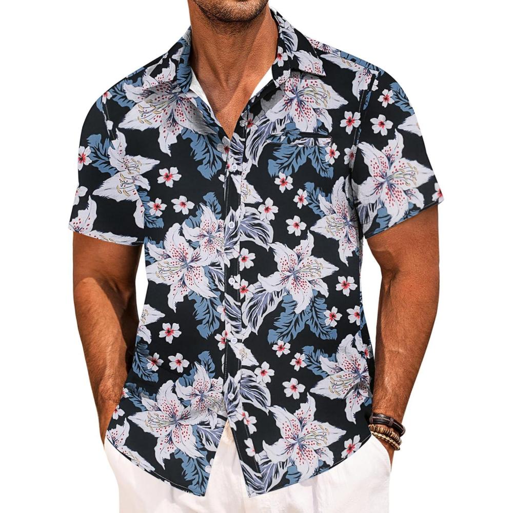 imageCOOFANDY Mens Casual Linen Shirt Short Sleeve Button Down Shirt Summer Beach Hawaiian ShirtsFloralnavy