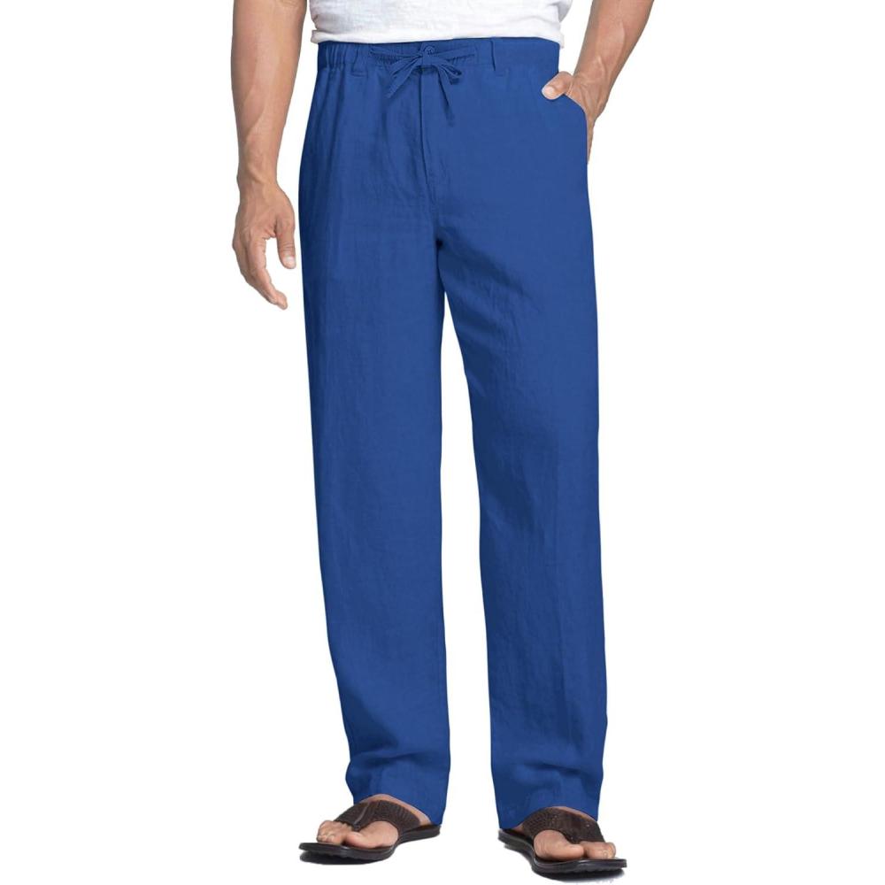 imageCOOFANDY Mens Linen Pants Casual Beach Summer Pant Elastic Waist Drawstring Lightweight TrousersDeep Blue