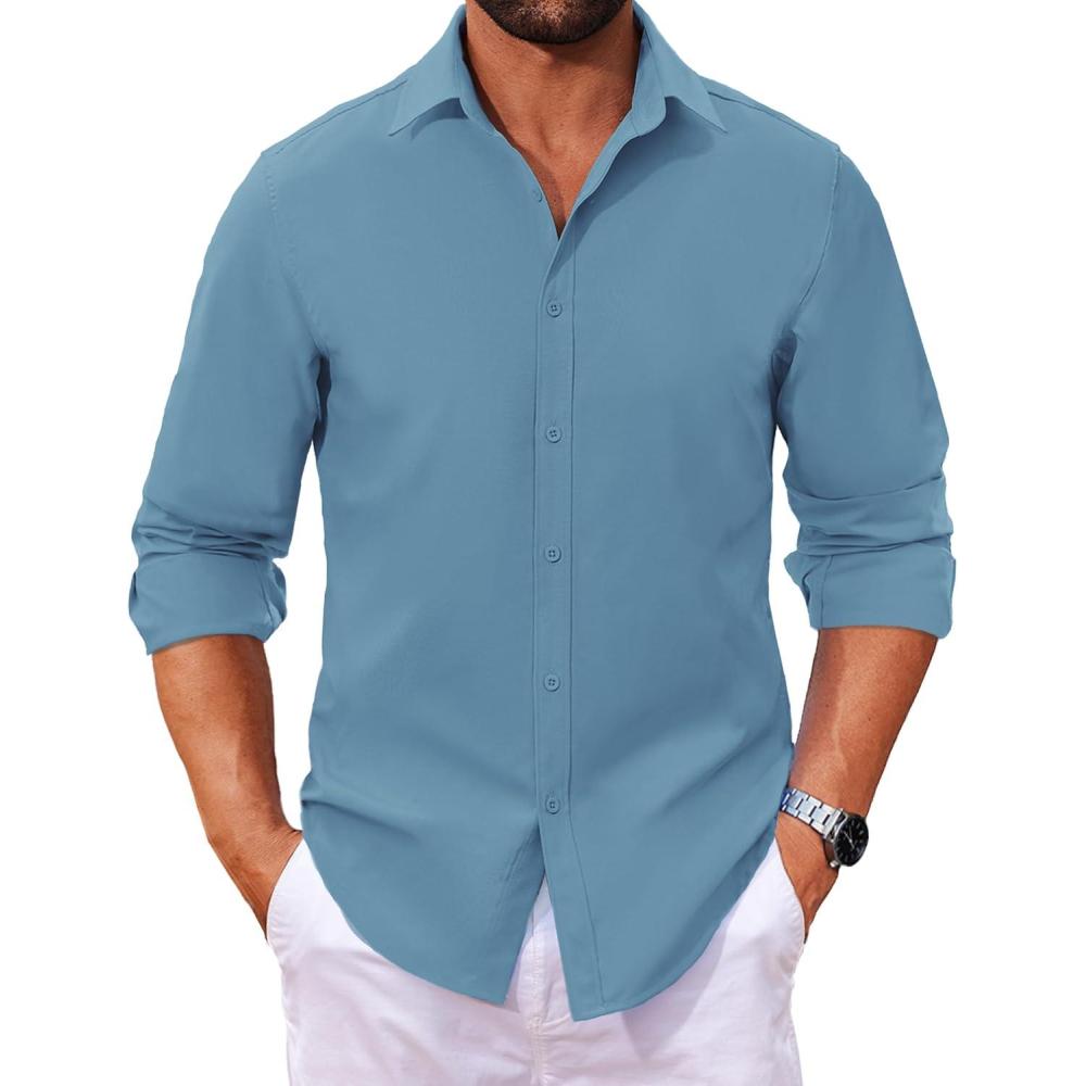 imageCOOFANDY Mens Long Sleeve Dress Shirt Casual Button Down Shirts Wrinkle Free Untucked ShirtGrey Blue