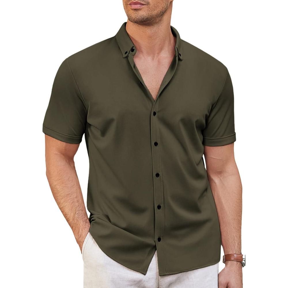 imageCOOFANDY Mens Short Sleeve Casual Button Down Shark Shirts Wrinkle Free Untucked Shirt Summer Stretch Dress ShirtsArmy Green