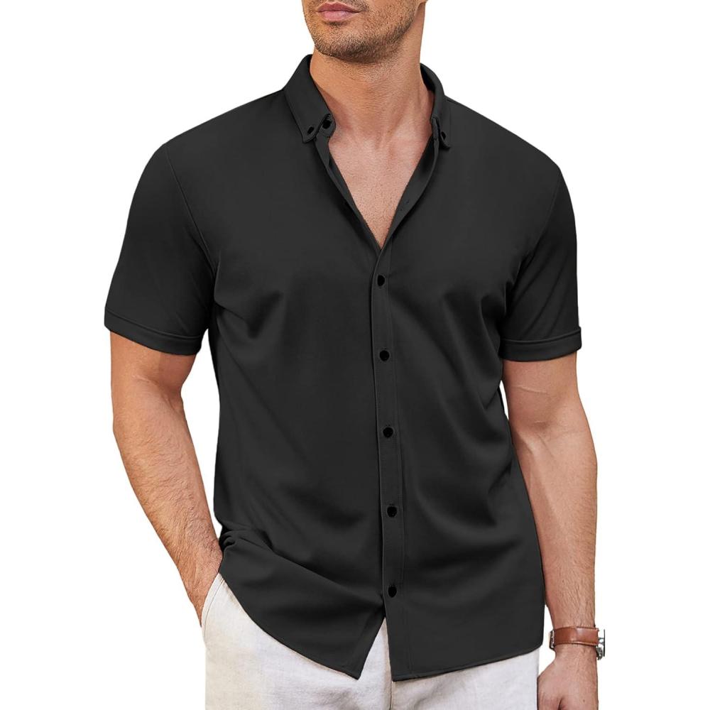 imageCOOFANDY Mens Short Sleeve Casual Button Down Shark Shirts Wrinkle Free Untucked Shirt Summer Stretch Dress ShirtsBlack