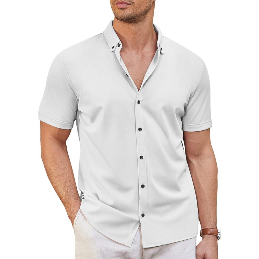 imageCOOFANDY Mens Short Sleeve Casual Button Down Shark Shirts Wrinkle Free Untucked Shirt Summer Stretch Dress ShirtsWhite