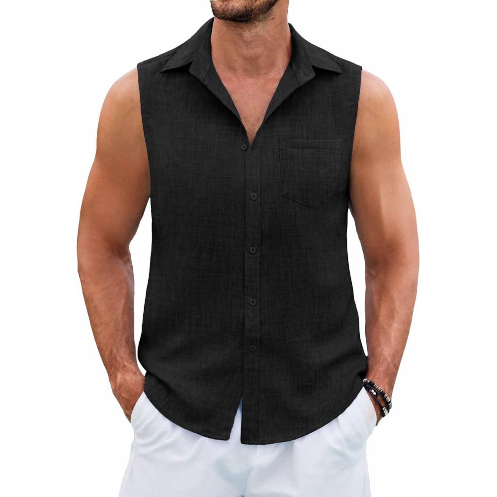 imageCOOFANDY Mens Sleeveless Beach Shirts Summer Button Up Tank Tops Casual Textured Tank ShirtBlack