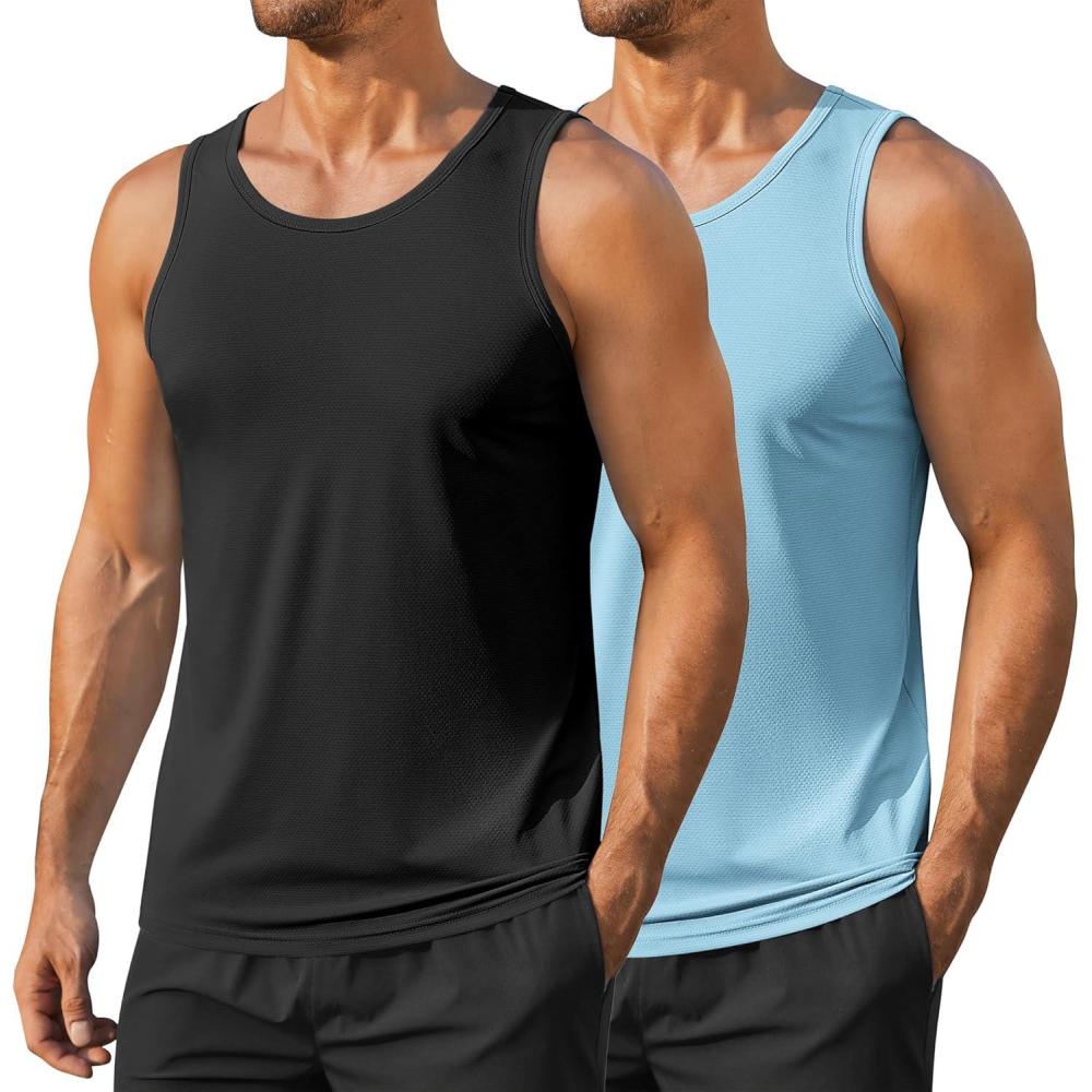 imageCOOFANDY Mens Workout Tank Tops UPF 50 Sleeveless Gym Muscle Shirts Cooling Quick Dry Bodybuilding Tanks for Swim BeachBlackLight Blue