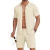 COOFANDY Men’s 2 Piece Outfits Sets Casual Short Sleeve Button Down Knit Shirt and Shorts Sets Summer Beach Outfits(Beige)