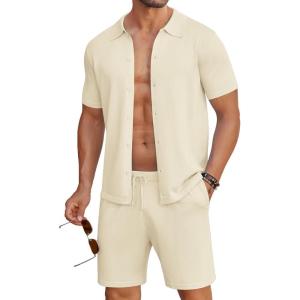 COOFANDY Men’s 2 Piece Outfits Sets Casual Short Sleeve Button Down Knit Shirt and Shorts Sets Summer Beach Outfits(Beige)